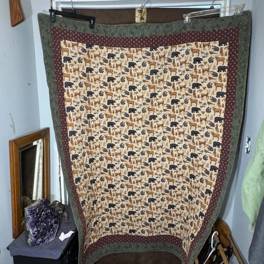 Vintage Patchwork Log Cabin Quilt Woodland Animals‎ Deer Bears Wildlife Theme